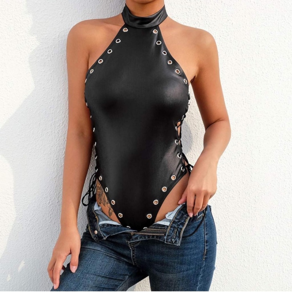 Faux Leather Lace Up Bodysuit - Picture 2 of 14